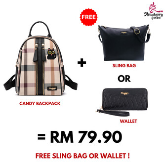 CANDY BACKPACK - CHECKER BZ, BEIGE (SPECIAL EDITION, CAT BADGE)